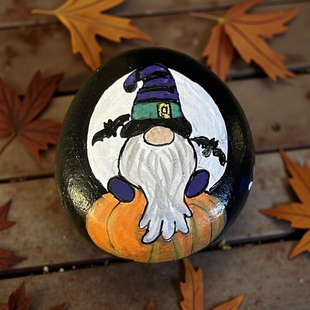 Hand crafted painted Halloween gnome rock white moon orange pumpkin black bats - Picture 12 of 15